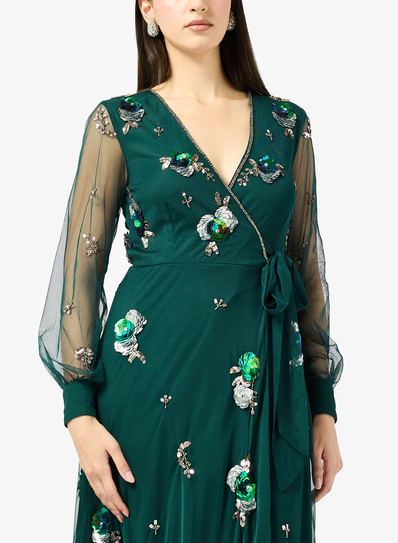 Frock And Frill  Embellished Plunge Neck Long Sleeve Maxi Dress for Women | Best Price UAE